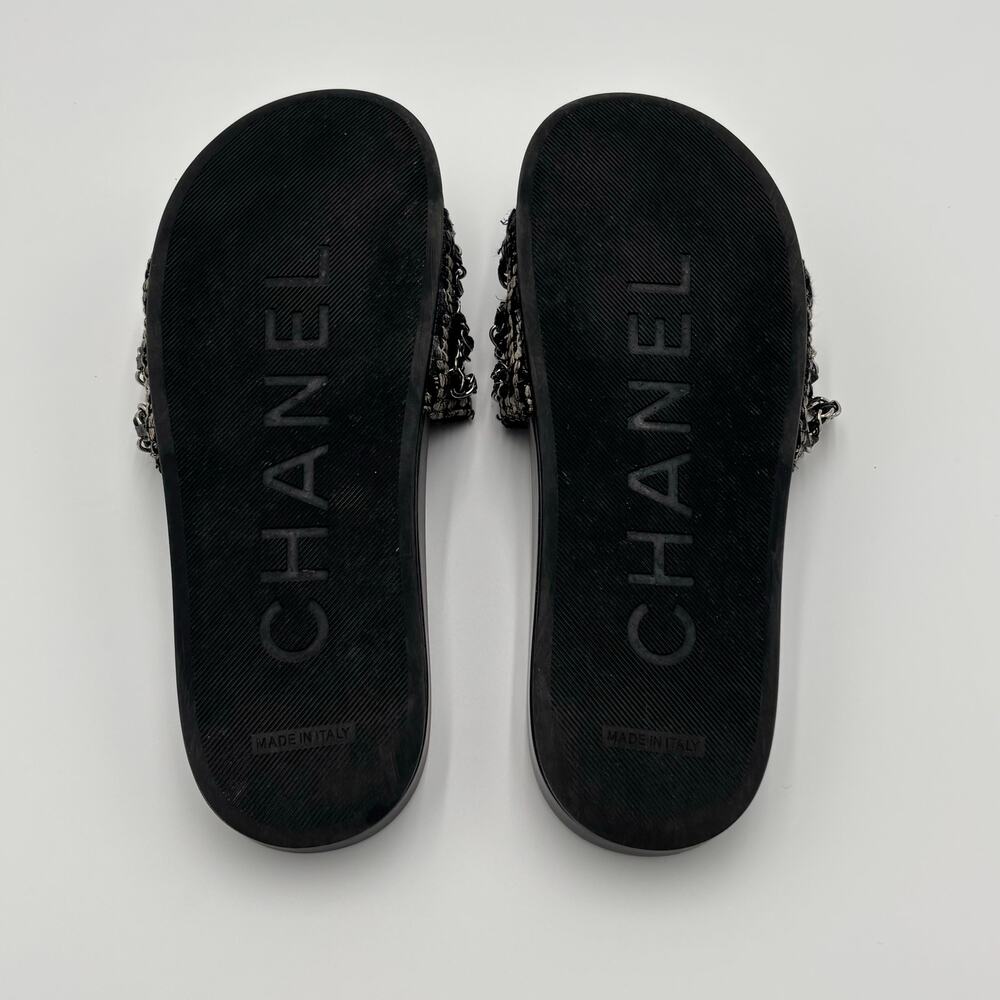 Chanel CC Chain Slide Sandals Flat Canvas Slip On Shoes Black Tweed Size 38 - Picture 3 of 14